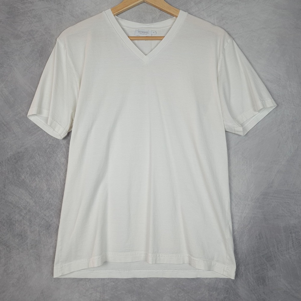 Sunspel Shirt Mens Medium White V Neck Cotton Tee T-Shirt Made In Portugal